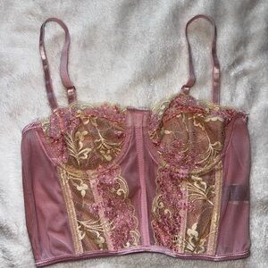 SHEIN Pink and Cream Crop Top with Floral Embroidery